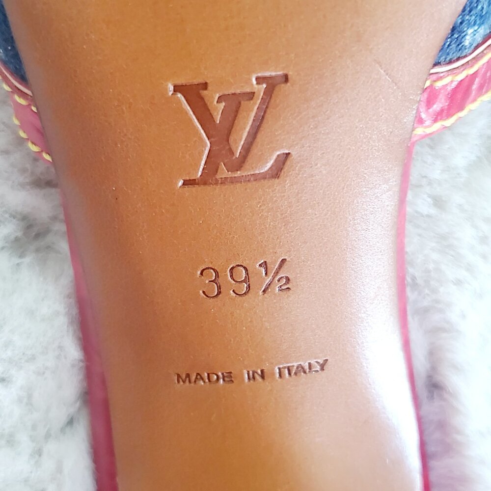 Louis Vuitton Monogram Denim Slide Sandals Red Leather Y2K LV Mule Luxury Size 9 - Picture 6 of 16